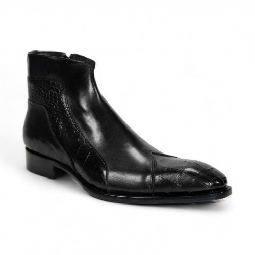 Duca Di Matiste "Aprilia" Black Genuine Italian Calf Leather Crocodile Print Ankle Boots.